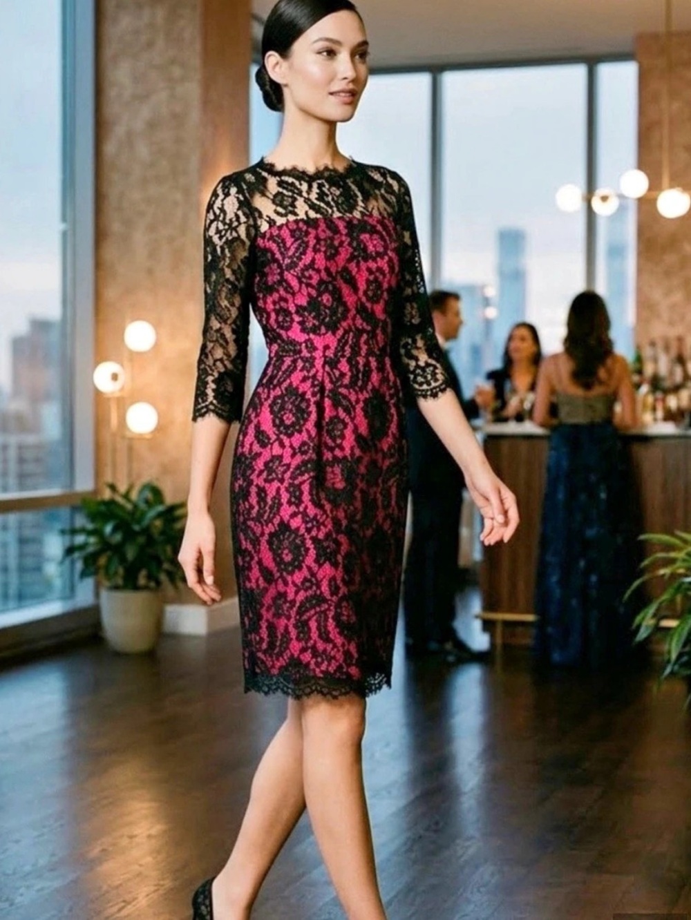 Milly Floral Lace Mini Dress in Pink & Black Size 12